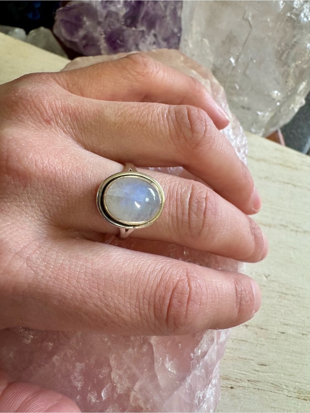 Rainbow Moonstone Oval Gemstone Sterling Silver Ring - Iridescent White